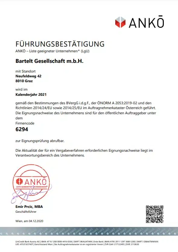 ANKÖ Bestätigung Bartelt